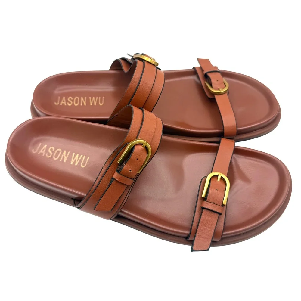 Jason Wu Sandals Women 10 Brown Excellent Leather Double Buckle Slide Shoes